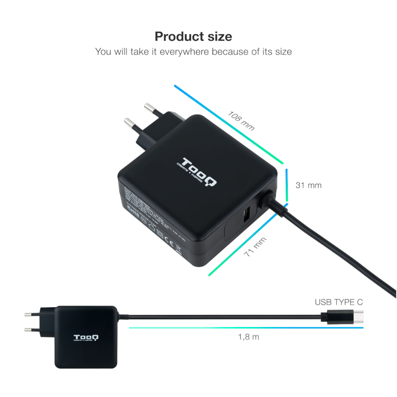 Infortisa Image 2 - Tooq Cargador portátil conector USB-C 65W