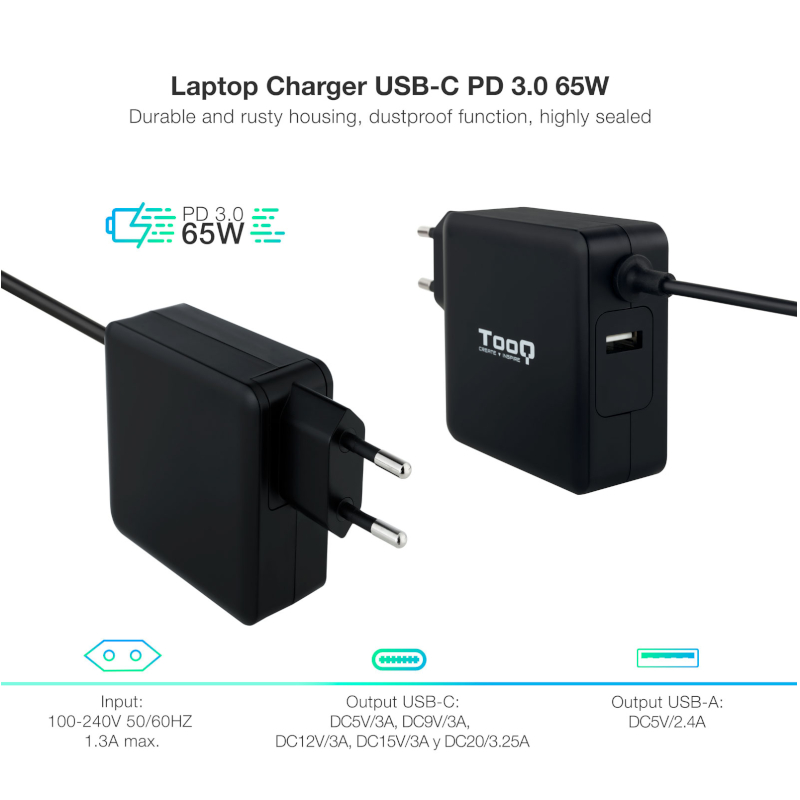 Infortisa Image 3 - Tooq Cargador portátil conector USB-C 65W