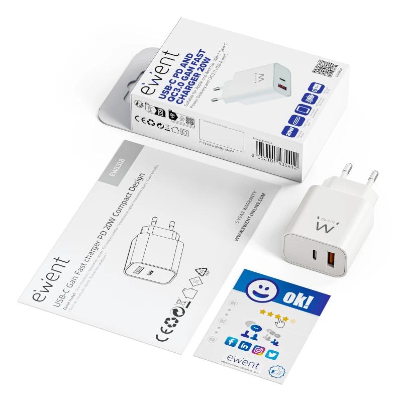 Infortisa Image 1 - EWENT EW1318 Cargador rápido USB-C PD 20W USB-A QC