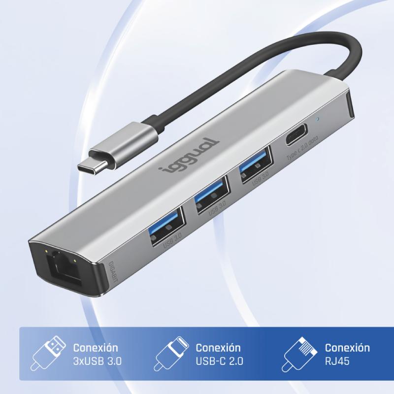 Infortisa Image 1 - iggual Hub tipo C 5 puertos 3xUSB + RJ45 + tipo C