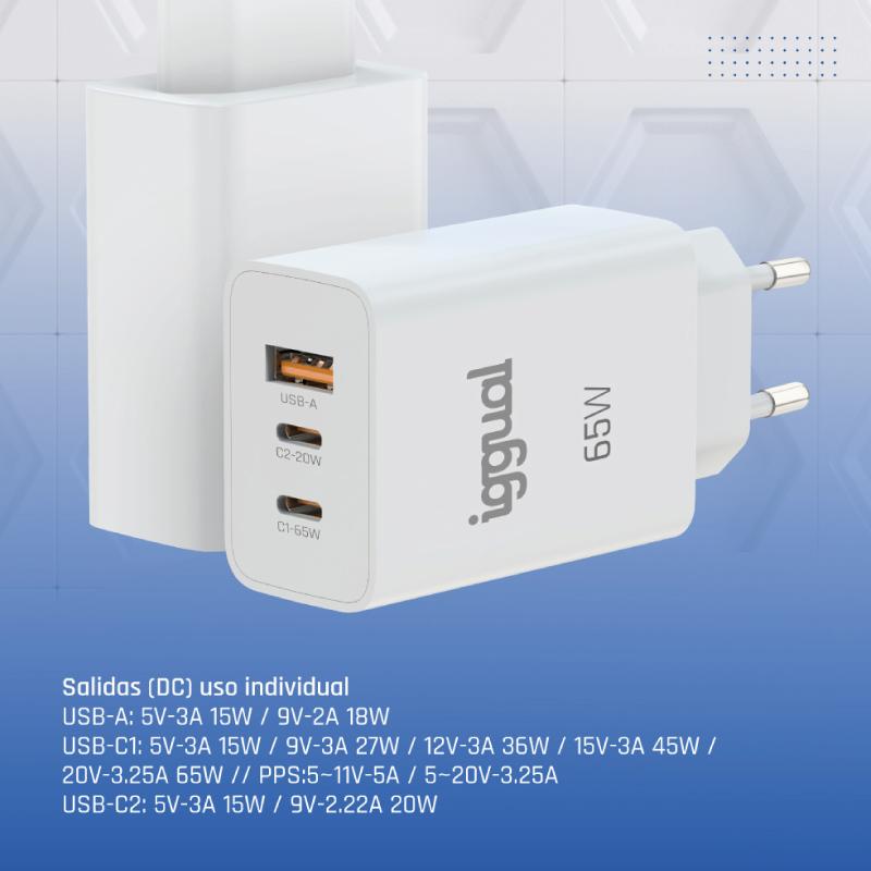 Infortisa Image 4 - iggual Cargador triple USB-A + 2 x tipo C GaN 65W
