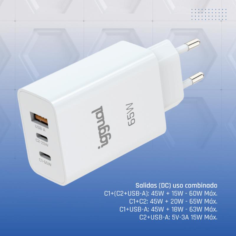 Infortisa Image 5 - iggual Cargador triple USB-A + 2 x tipo C GaN 65W