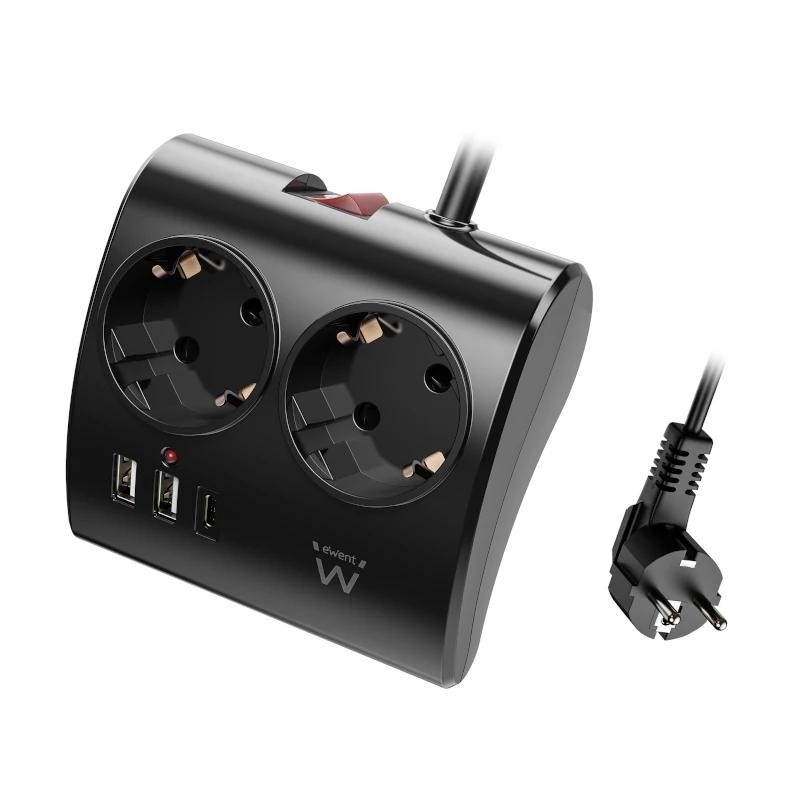 Infortisa Image 1 - EWENT EW3871 Regleta 2  Shucko 2 Usb-A 1 Usb-C Neg