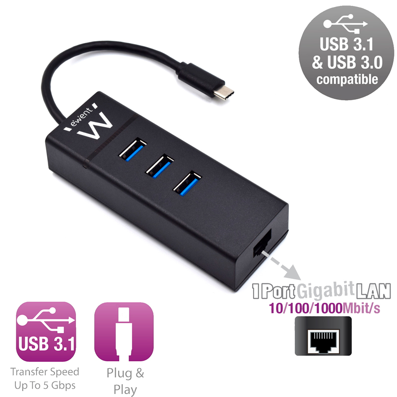 Infortisa Image 1 - EWENT EW1141 Hub Tipo-C 3Pts.USB 3.1+1pto. GIGABIT