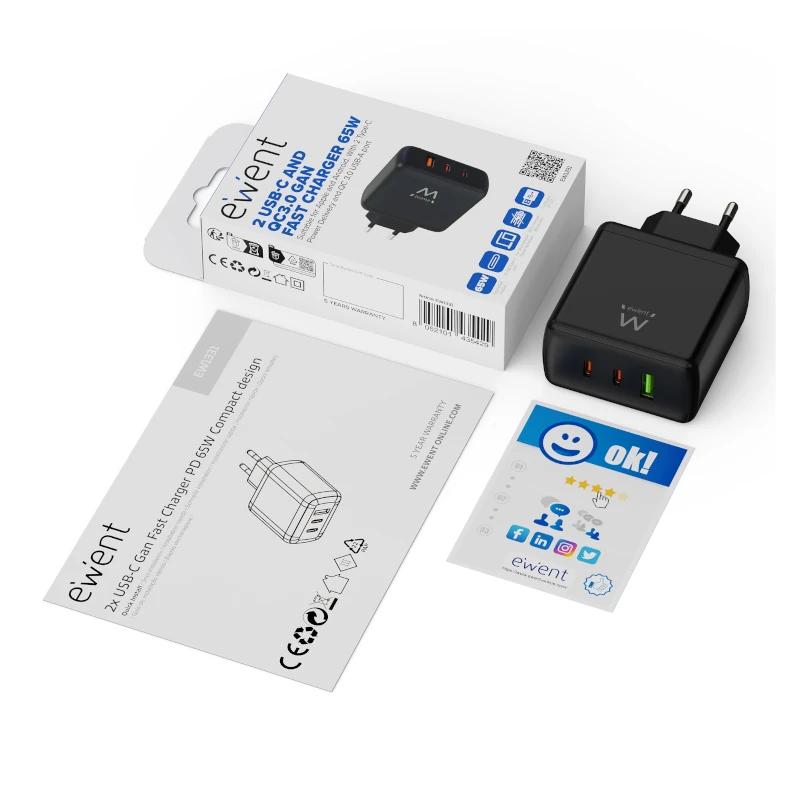 Infortisa Image 1 - EWENT Cargador Gan Fast 65W 2 USB-C PD-1USB-A QC