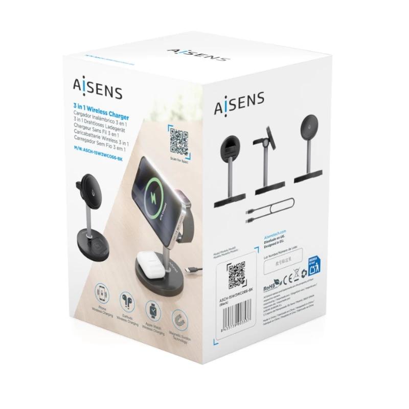 Infortisa Image 2 - Aisens Cargador Inalámbrico USBC 15W 3 en 1 Negro