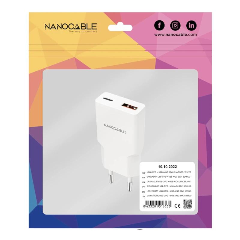 Infortisa Image 1 - Nanocable Cargador USB-C/PD + USB-A/QC 20W Blanco