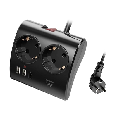 EWENT EW3871 Regleta 2  Shucko 2 Usb-A 1 Usb-C Neg