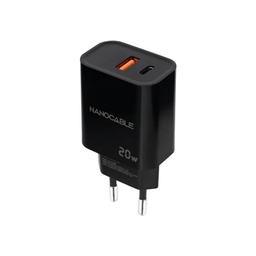 [AATCAT0428] Nanocable Cargador USB-C/PD+USB-A/QC 20W Negro